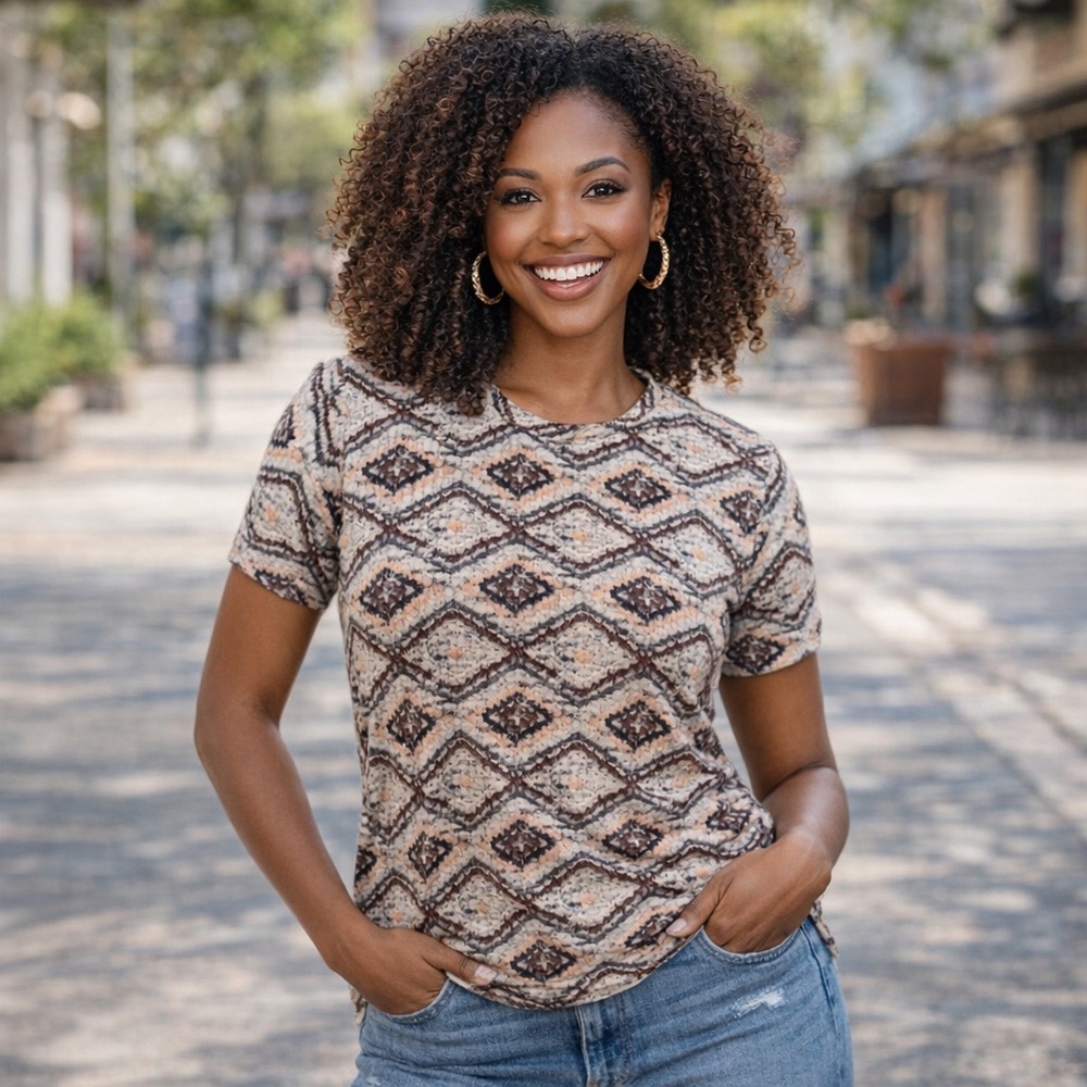 Emily Stacy Abstract Diamond Print Ribbed Knit Blouse